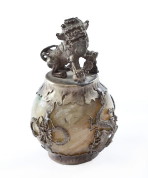 Old Chinese Green Jade Armoured Dragon Lion Fu Dog Statue